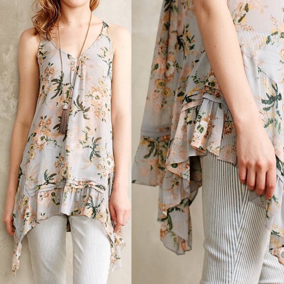 Anthropologie Maeve Magda Ruffle Floral Tunic Tank S Romantic Fairy Sheer $98 - Picture 14 of 15